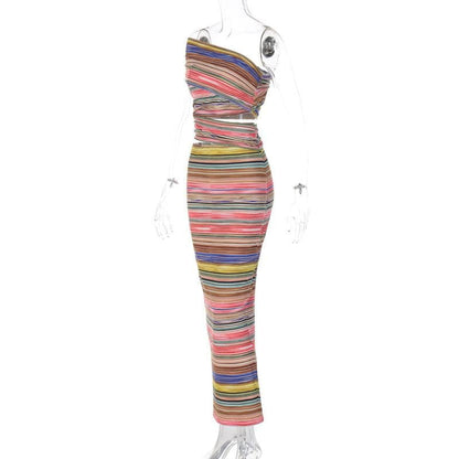 One shoulder contrast striped hollow out slit cut out maxi dress