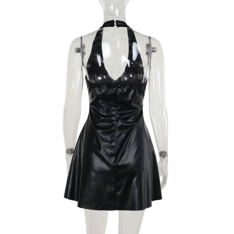 Halter v neck PU leather zip-up button mini dress