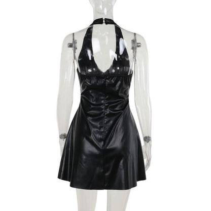 Halter v neck PU leather zip-up button mini dress