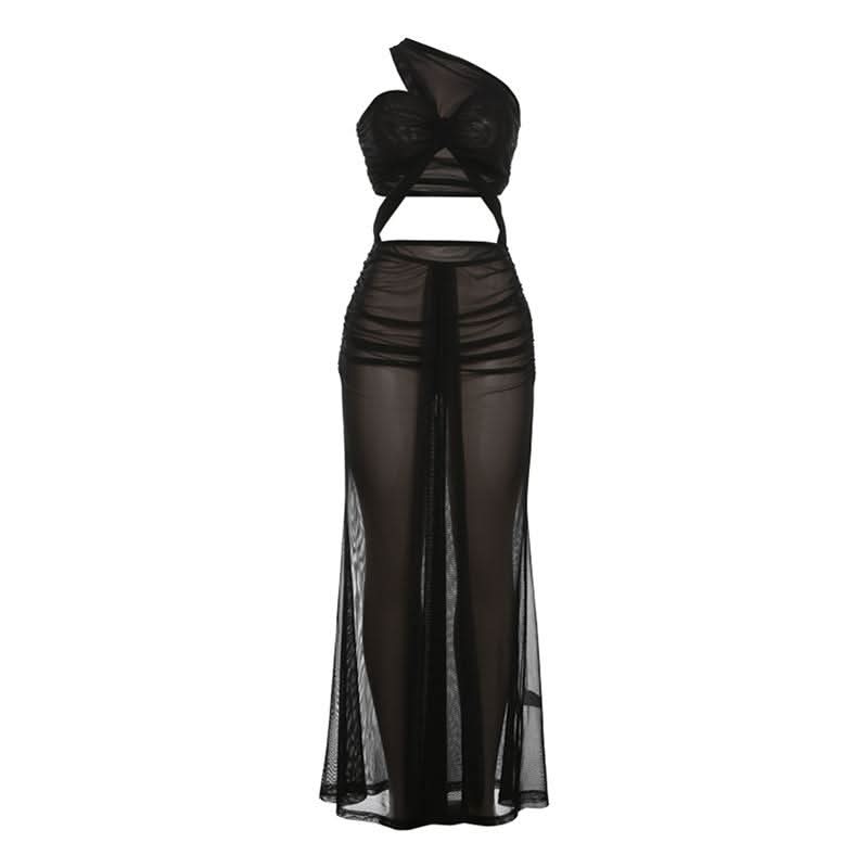 One shoulder mesh hollow out cut out maxi dress-final-sale