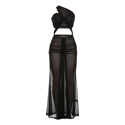 One shoulder mesh hollow out cut out maxi dress-final-sale
