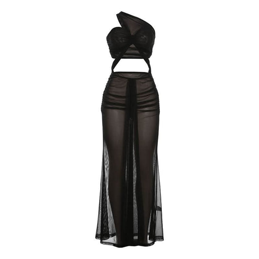 One shoulder mesh hollow out cut out maxi dress-final-sale