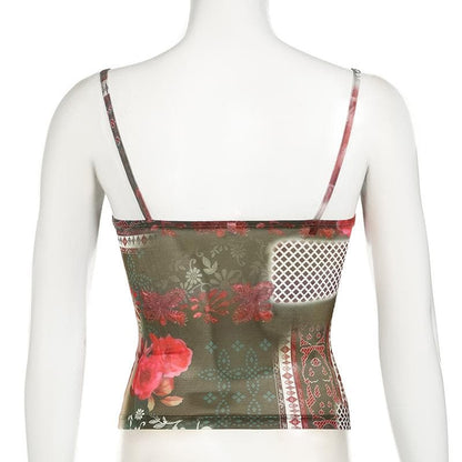 Bowknot v neck print mesh lace cami top