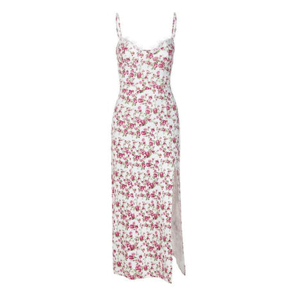 Flower pattern print lace up slit low cut cami midi dress