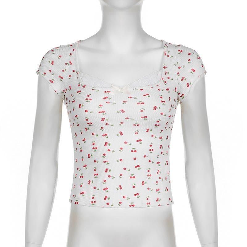 Cap sleeve textured cherry print bowknot lace hem top
