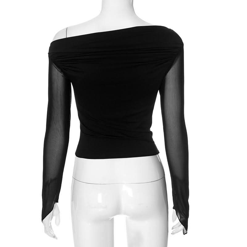 One shoulder long sleeve irregular ruched mesh top