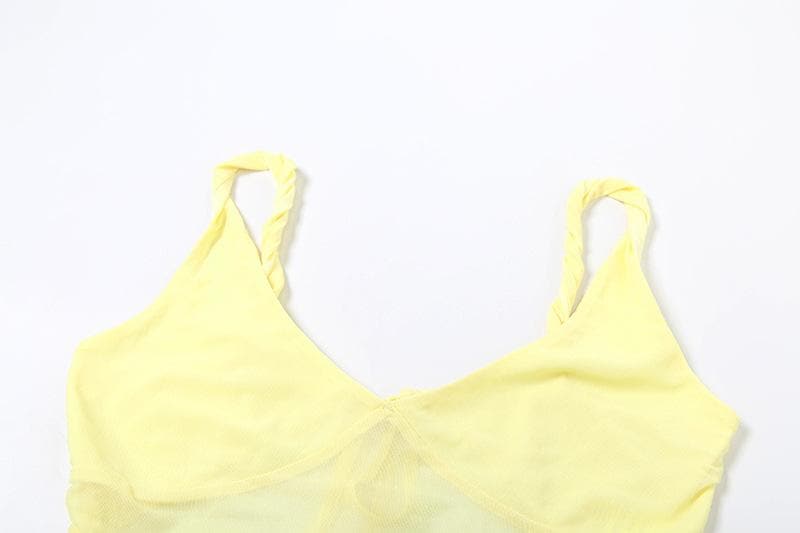 V neck ruffle mesh backless cami maxi skirt set