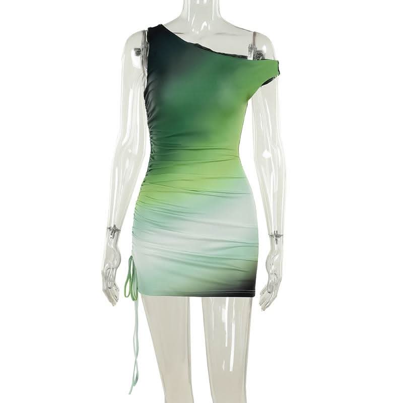 One shoulder gradient ruched drawstring mini dress