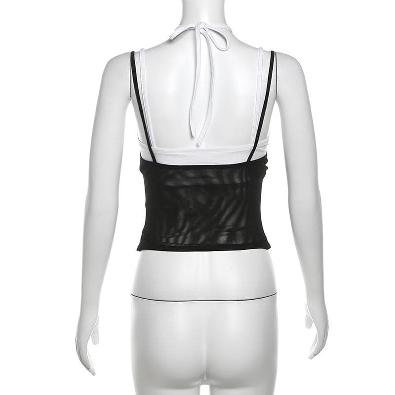 Halter hollow out mesh contrast 2 piece cami cut out top