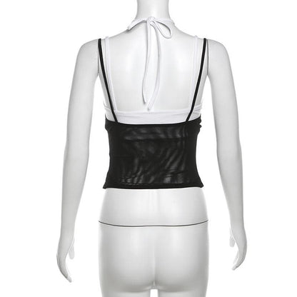 Halter hollow out mesh contrast 2 piece cami cut out top
