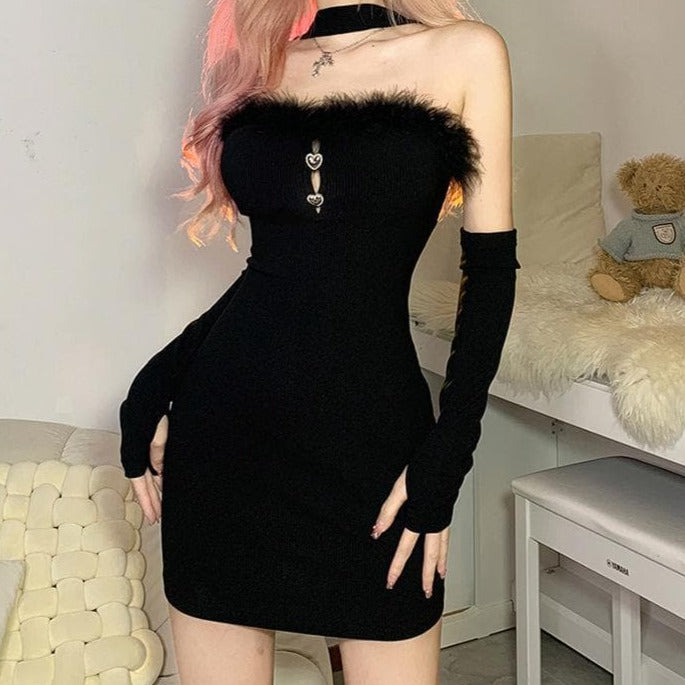 Halter solid hollow out feather gloves cut out mini dress
