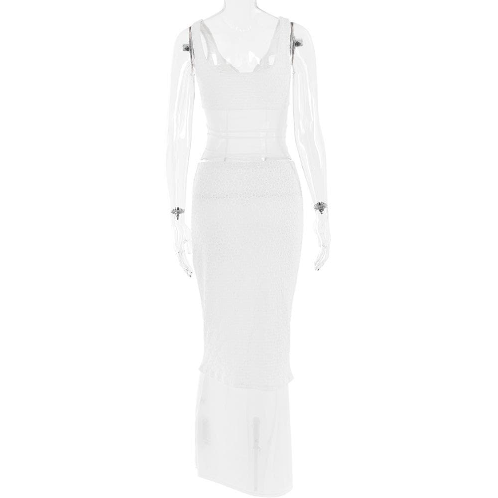 Lace v neck sleeveless hollow out solid patchwork maxi skirt set