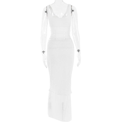 Lace v neck sleeveless hollow out solid patchwork maxi skirt set