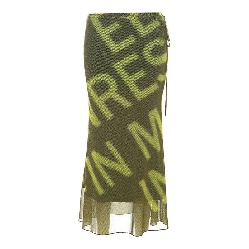 Mesh letter print hollow out self tie cut out maxi skirt