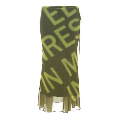 Mesh letter print hollow out self tie cut out maxi skirt