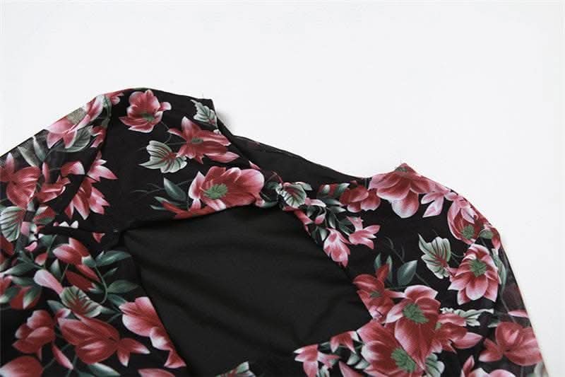 Flower print contrast hollow out long flared sleeve cut out mini dress-final-sale