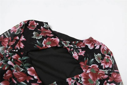 Flower print contrast hollow out long flared sleeve cut out mini dress-final-sale