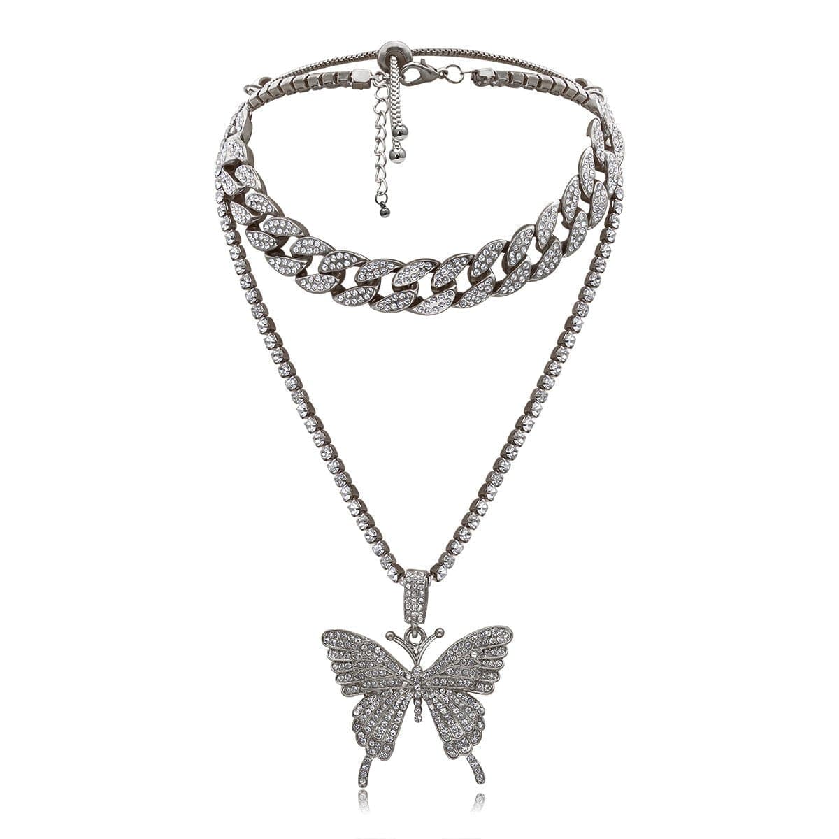 Butterfly pendant rhinestone cuban 2pcs necklace