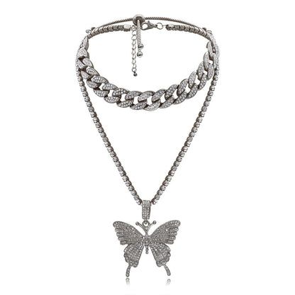 Butterfly pendant rhinestone cuban 2pcs necklace