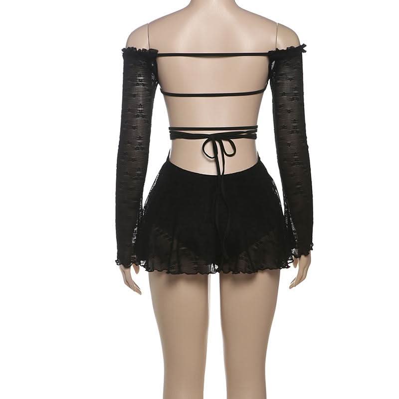 Off shoulder long sleeve hollow out self tie cut out mini dress