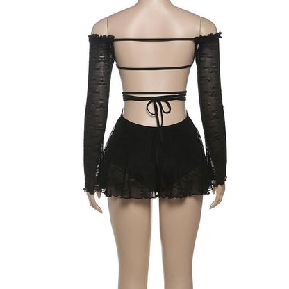 Off shoulder long sleeve hollow out self tie cut out mini dress