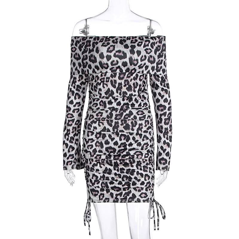 Long sleeve leopard print off shoulder ruched mini dress