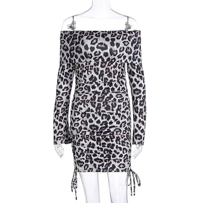 Long sleeve leopard print off shoulder ruched mini dress