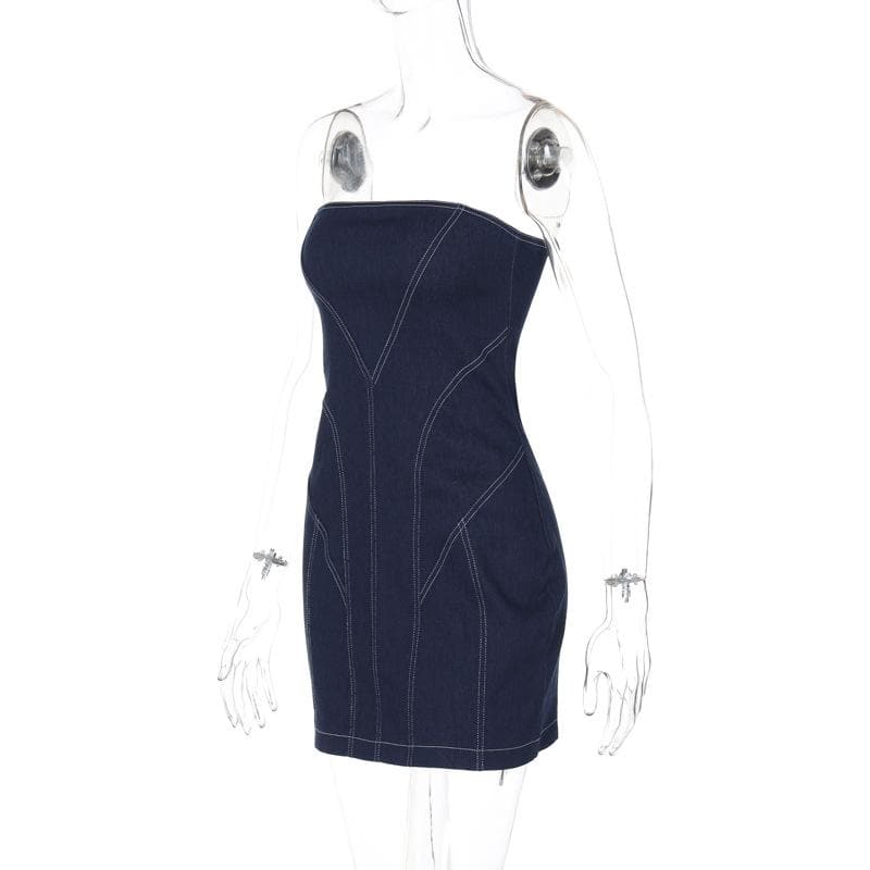 Denim stitch zip-up backless tube mini dress