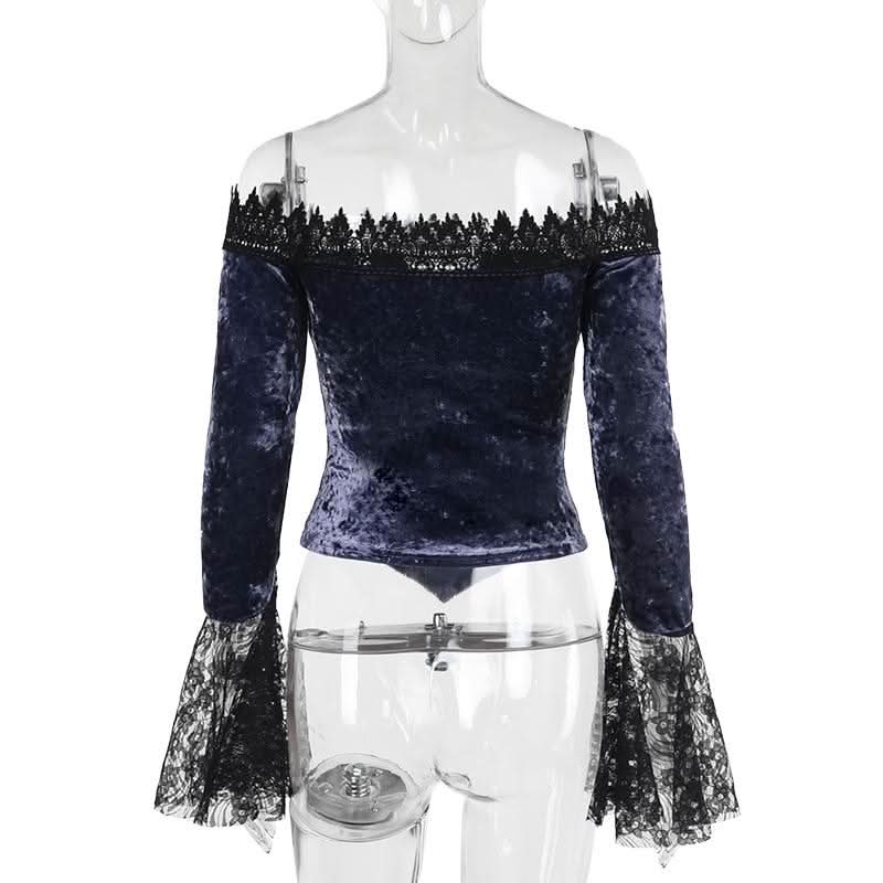 Off shoulder long flared sleeve velvet top