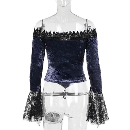 Off shoulder long flared sleeve velvet top