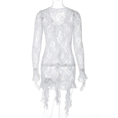 Long flared sleeve ruffle lace see through mini dress