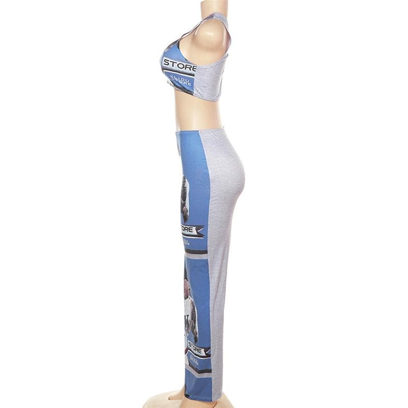 One shoulder irregular sleeveless contrast print slit maxi skirt set-final-sale