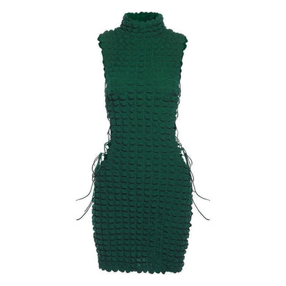 Sleeveless high neck lace up side mini dress