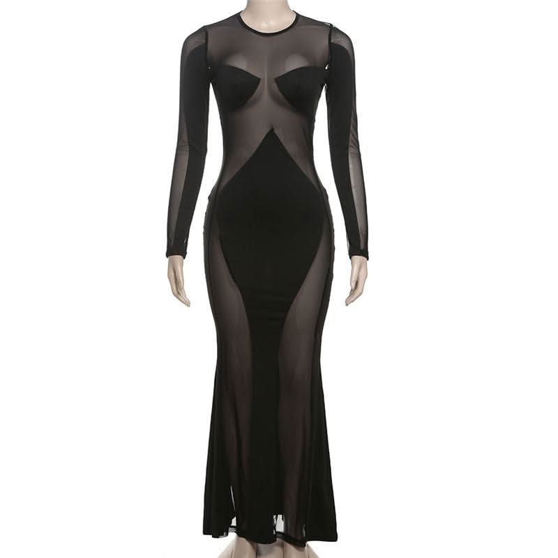 Long sleeve crewneck mesh patchwork maxi dress