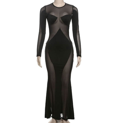 Long sleeve crewneck mesh patchwork maxi dress