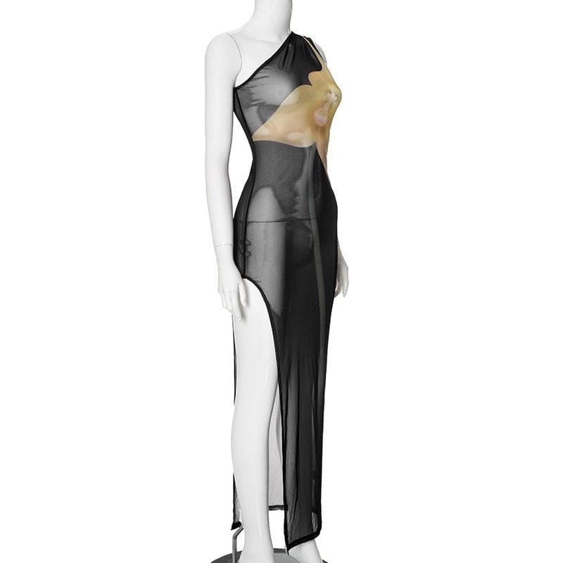 One shoulder sheer mesh print high slit maxi dress