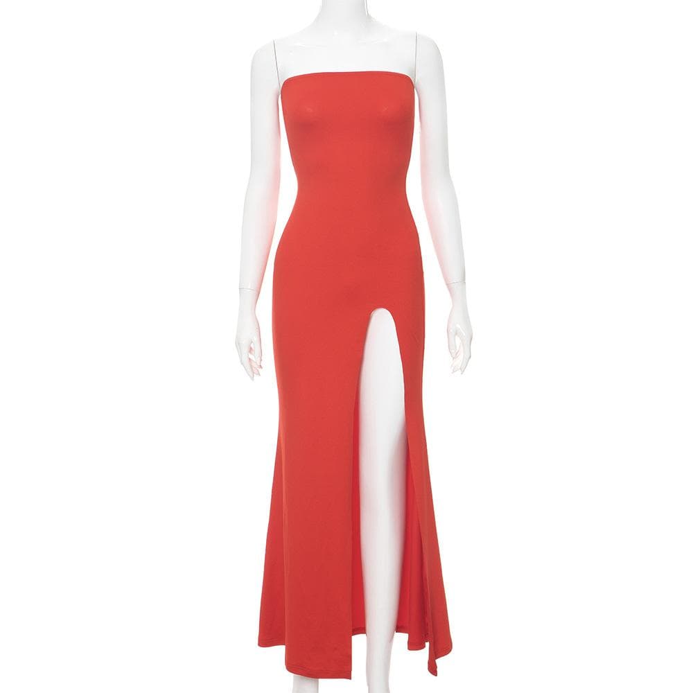 High slit solid backless tube maxi dress