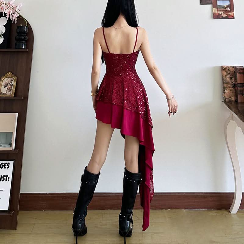 Square neck glitter irregular cami mini dress