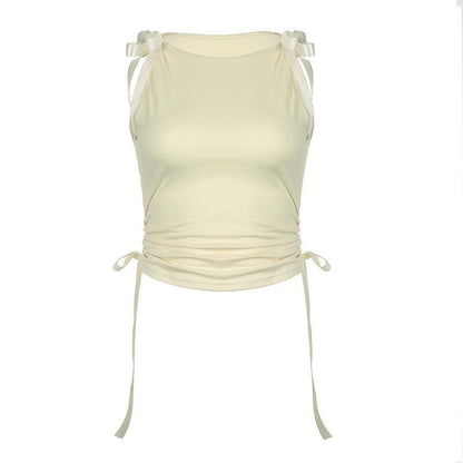 Bowknot ribbon ruched crewneck crop top