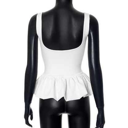 U neck backless ruffle ruched solid tank top