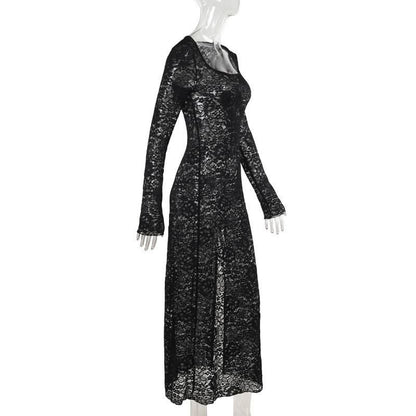 Long sleeve u neck lace slit maxi dress