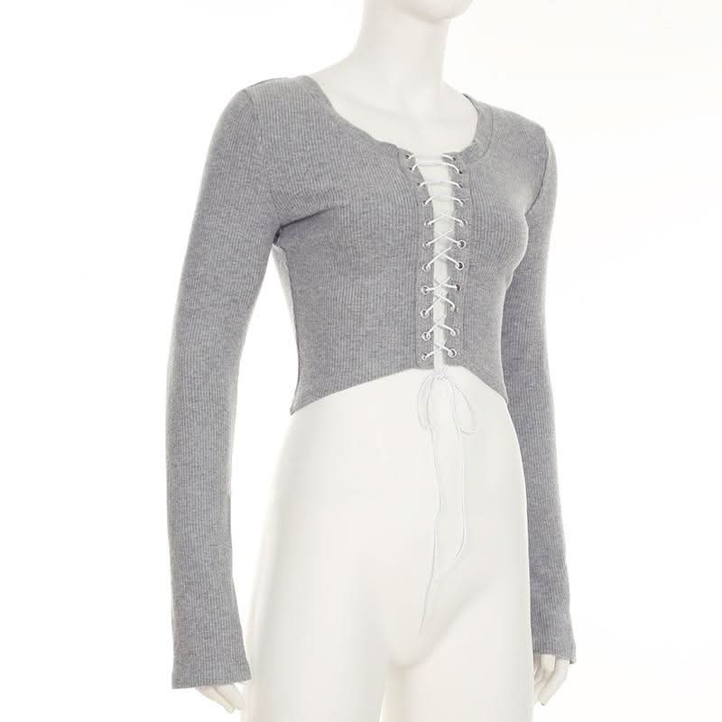 Long sleeve crewneck lace up crop top