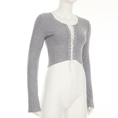 Long sleeve crewneck lace up crop top