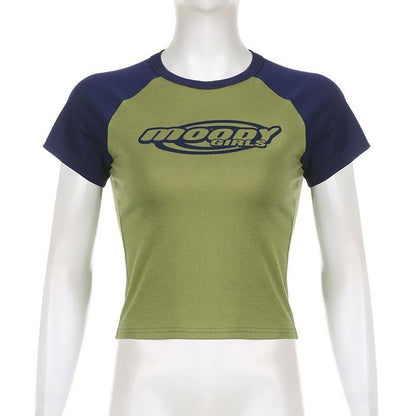Patchwork contrast short sleeve crewneck "moody" pattern crop top