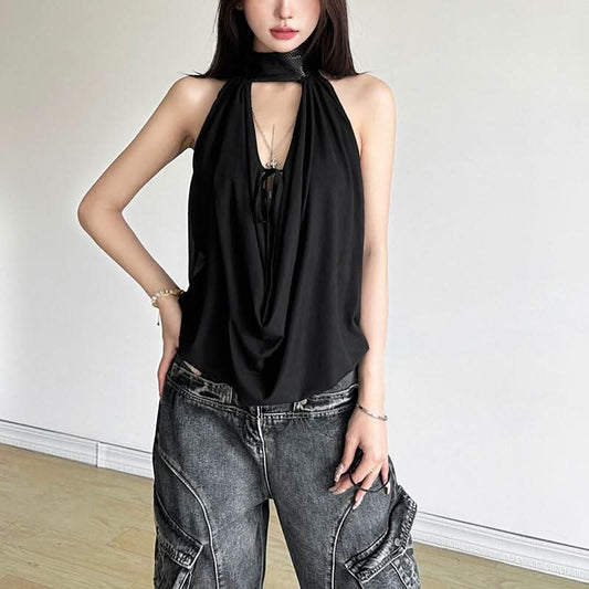 Halter button self tie backless cowl neck solid top