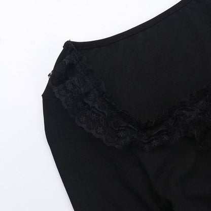 Long sleeve ruffle lace hem necklace top