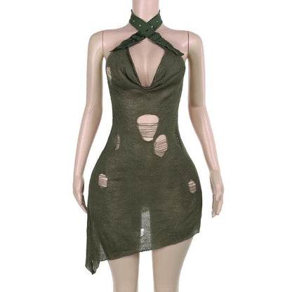 Halter cowl neck knitted buckle see through mini dress