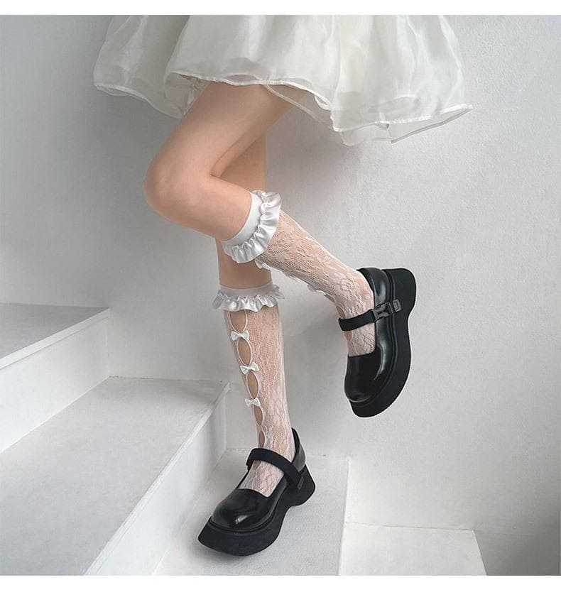 Lace hollow out bowknot satin ruffle long socks
