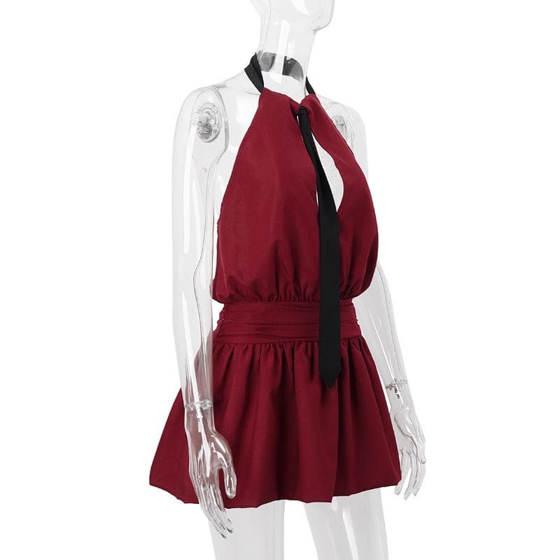Halter deep v neck ruched backless tie applique mini dress