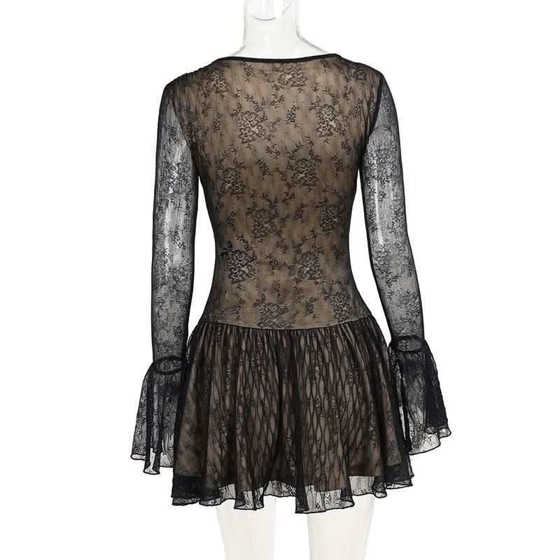 V neck long sleeve lace bowknot mini dress